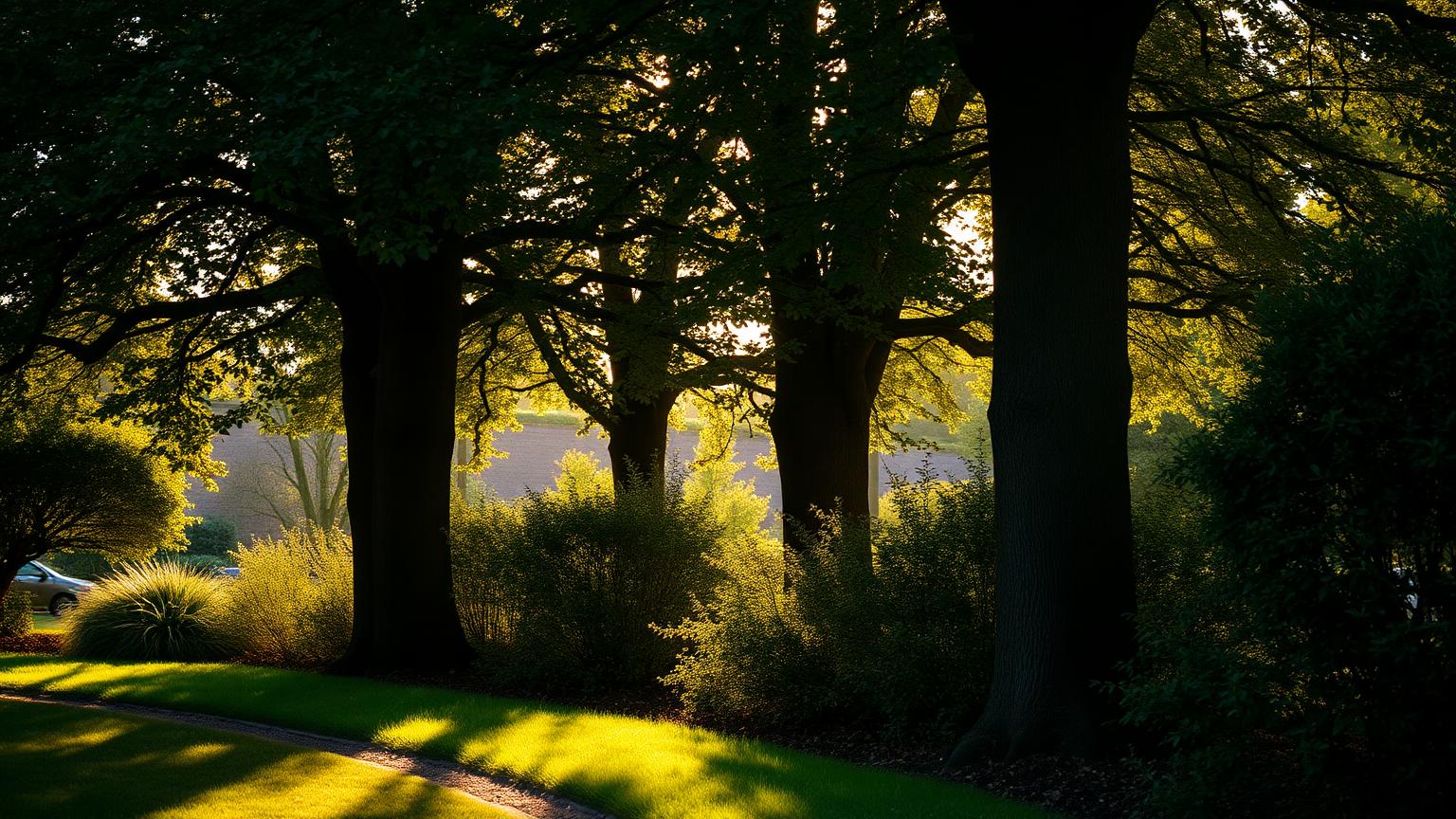 Bosrand met volgroeide bomen en gelaagde struiken met strijklicht tussen de stammen