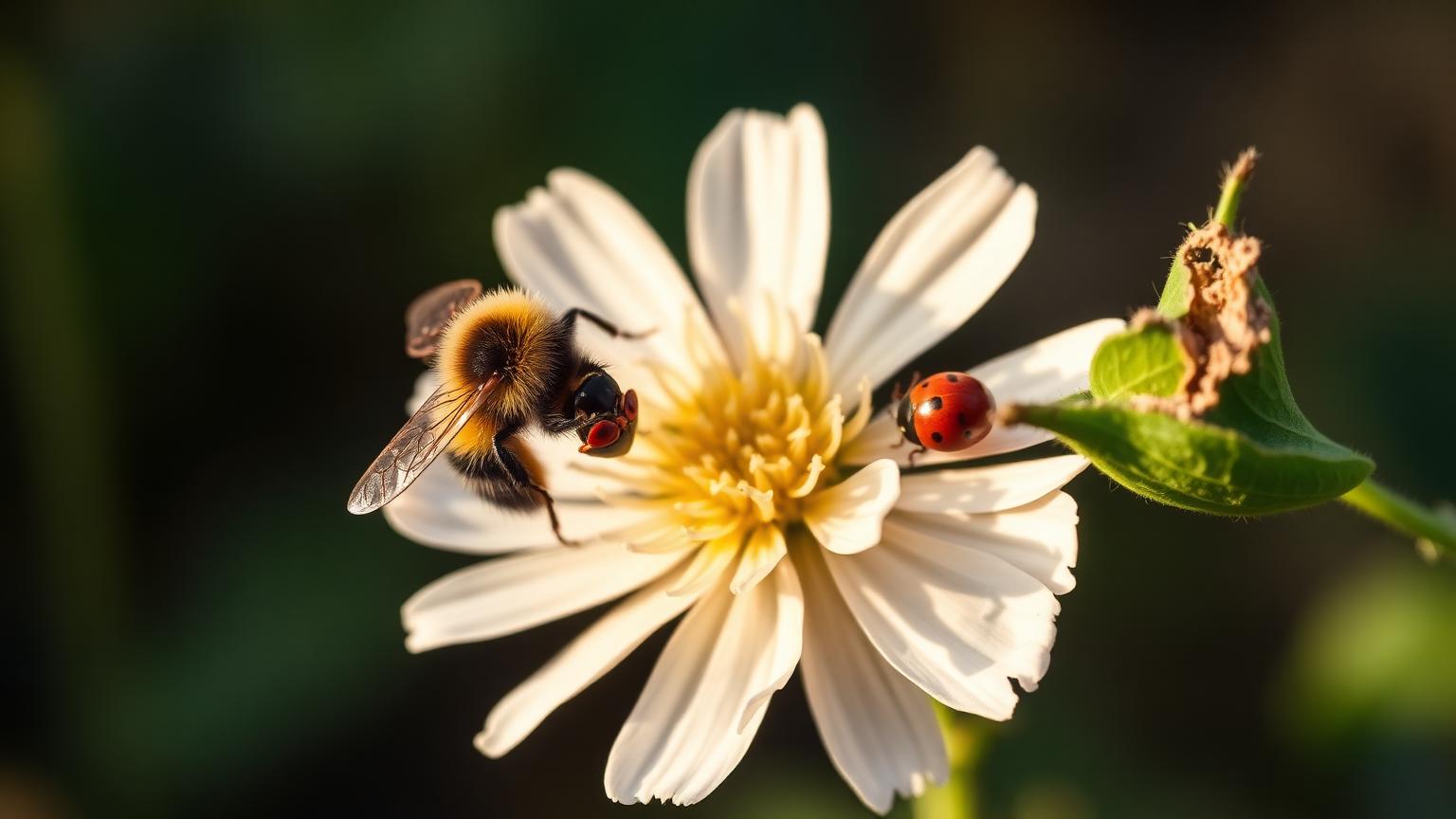 Hommel en lieveheersbeestje op een bloem naast een blad met vraatschade