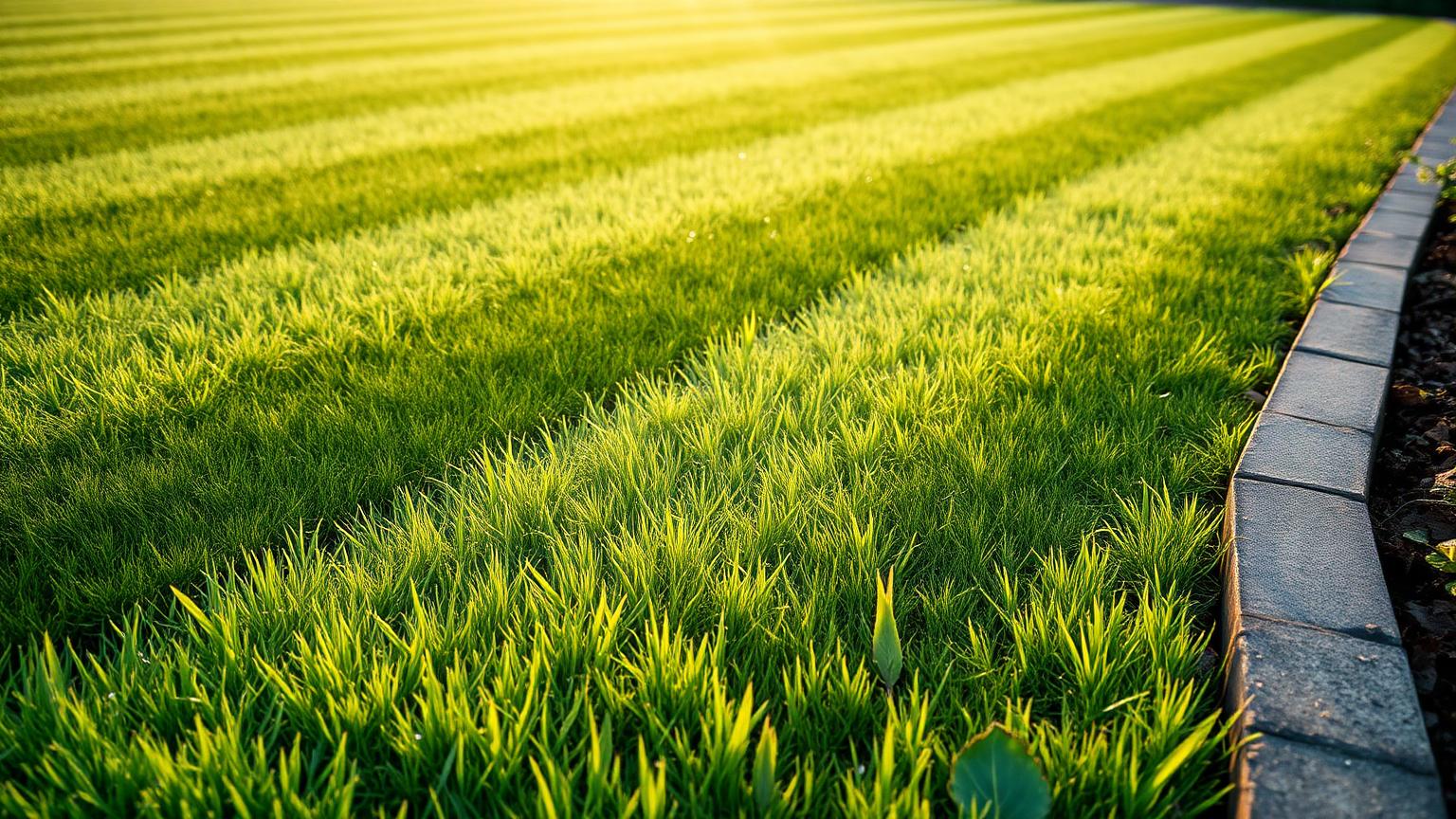 Gestreept gazon met dauw op de grassprieten bij zonsopkomst