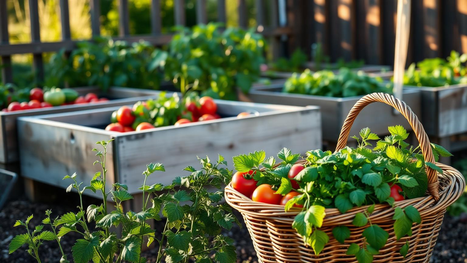 Moestuin met houten verhoogde bakken, rijpe tomaten, kruiden en een geoogste mand