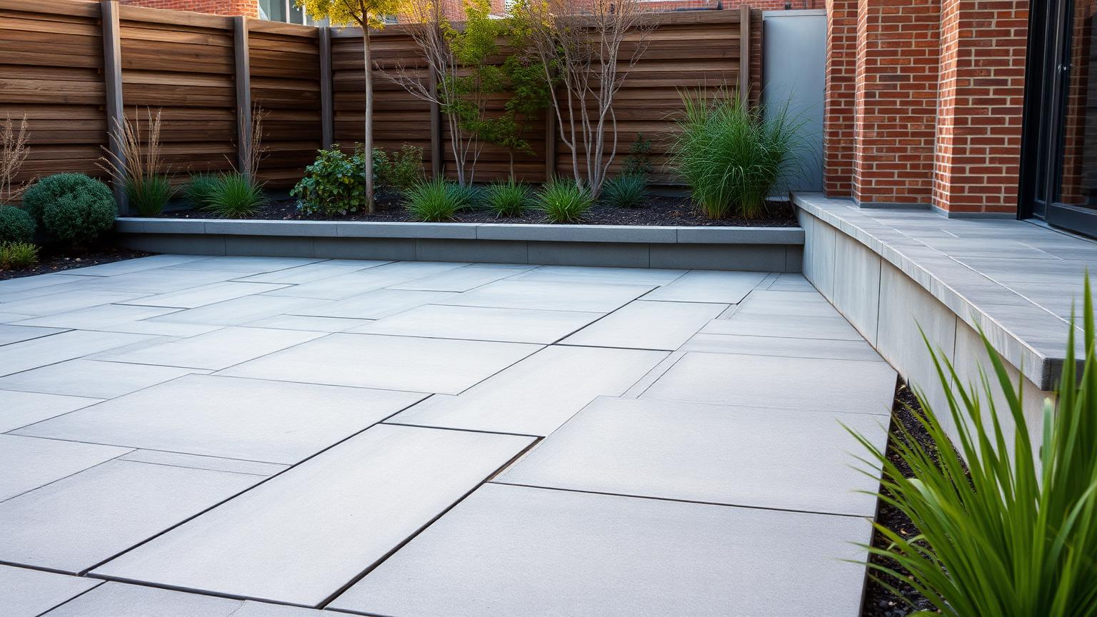 Terras met grote keramische tegels en beplanting langs de rand in laag avondlicht