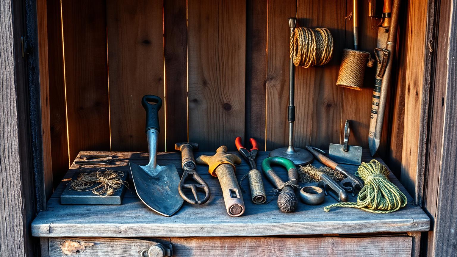 Tuingereedschap uitgestald op een verweerde houten werkbank in een tuinhuis