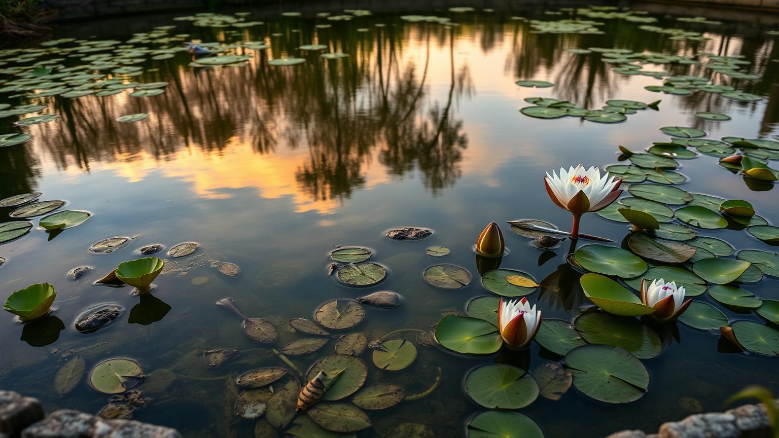 Tuinvijver met waterlelies en de weerspiegeling van een warme avondlucht